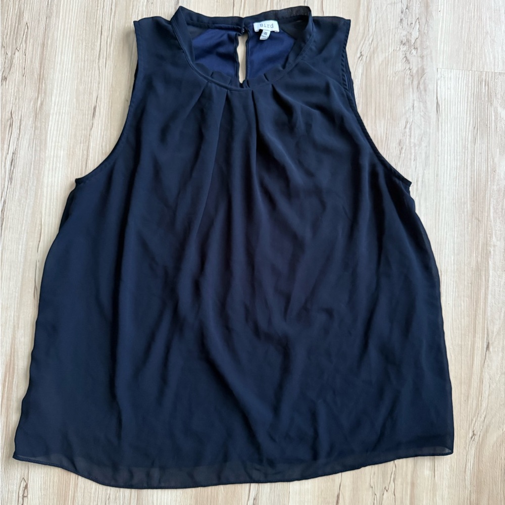 Bird Navy Sleeveless Blouse Women’s XL Pleated Neck Work Office Top